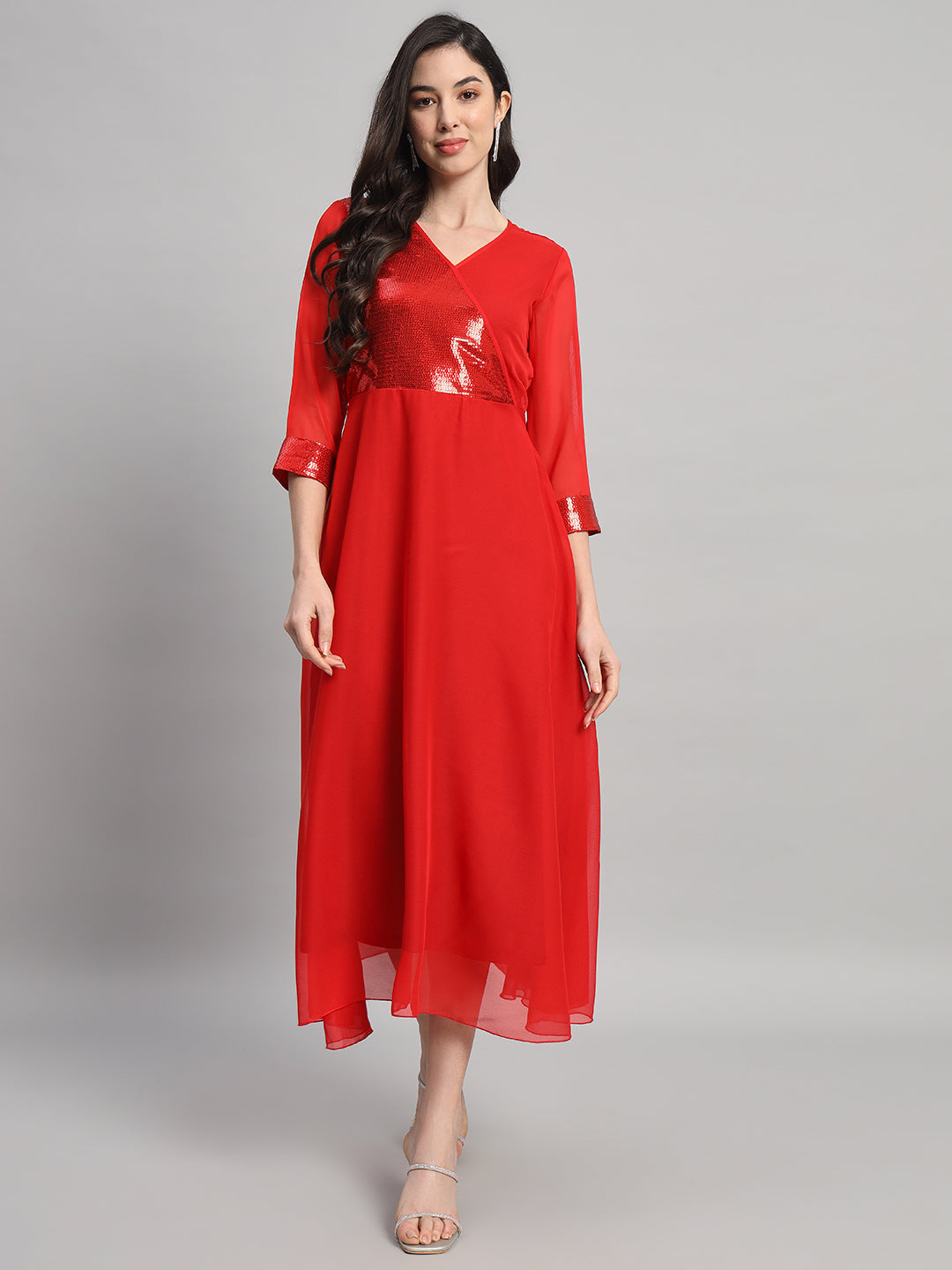 Curvydrobe Womens Solid Red Fit & Flare Dress With Seqwin