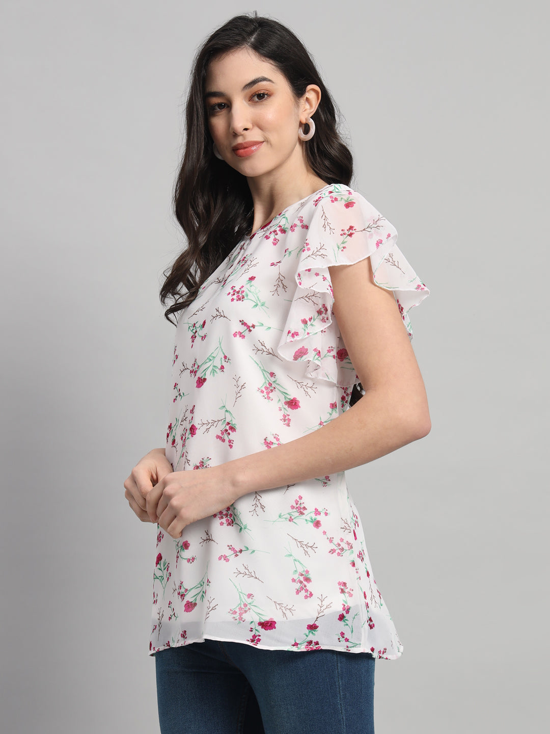 Curvydobe White Floral Print V-Neck Top