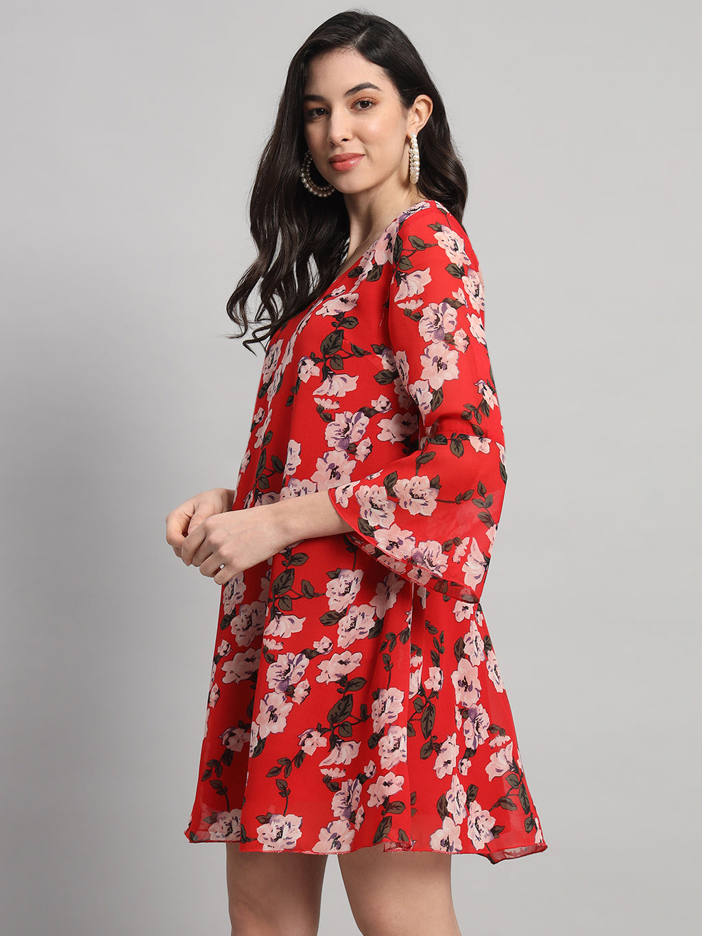 Curvydrobe Womens Red Floral Print A line Dress