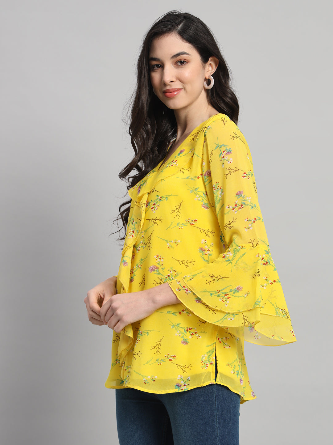Curvydobe Womens Yellow Floral Print V-Neck Top