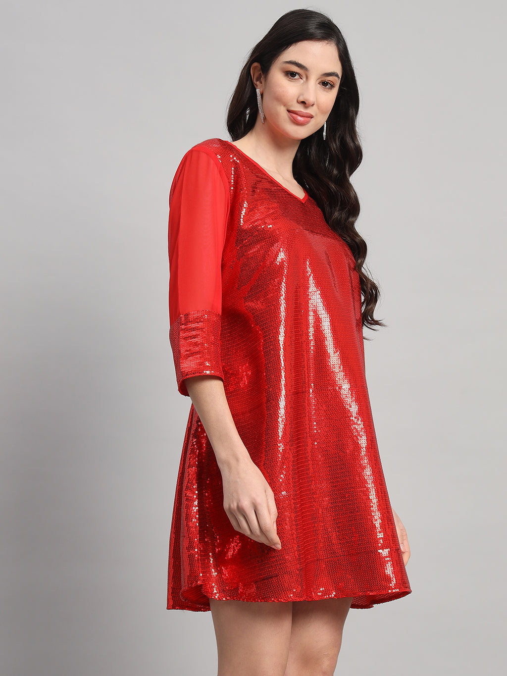 Curvydrobe Womens Red Solid Seqwined A-Line Dress