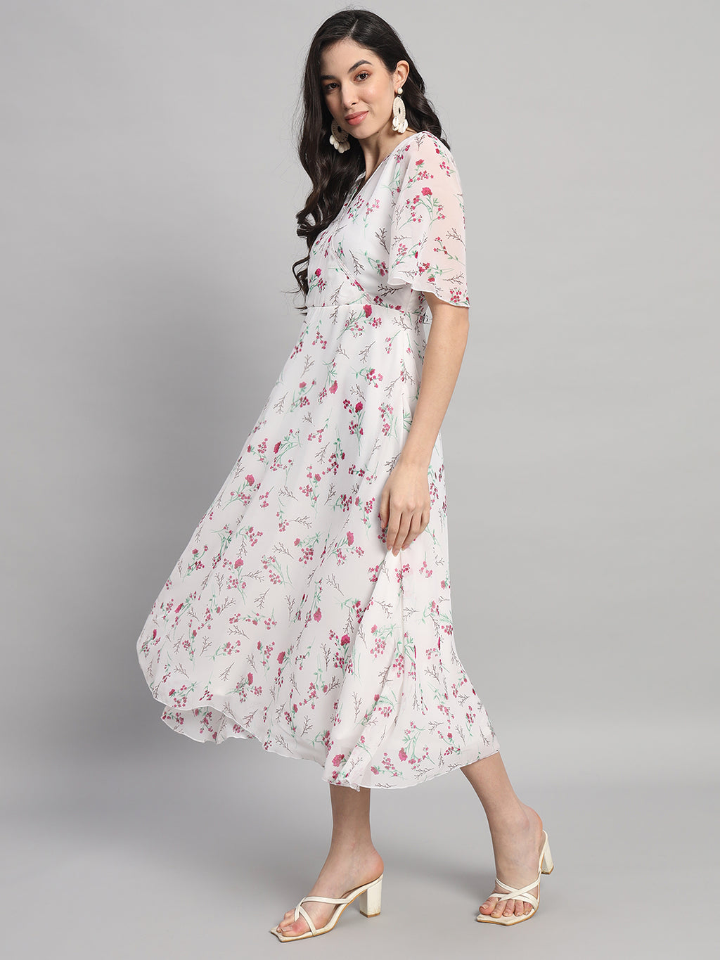 Curvydrobe Womens White Floral Print Fit & Flare dress
