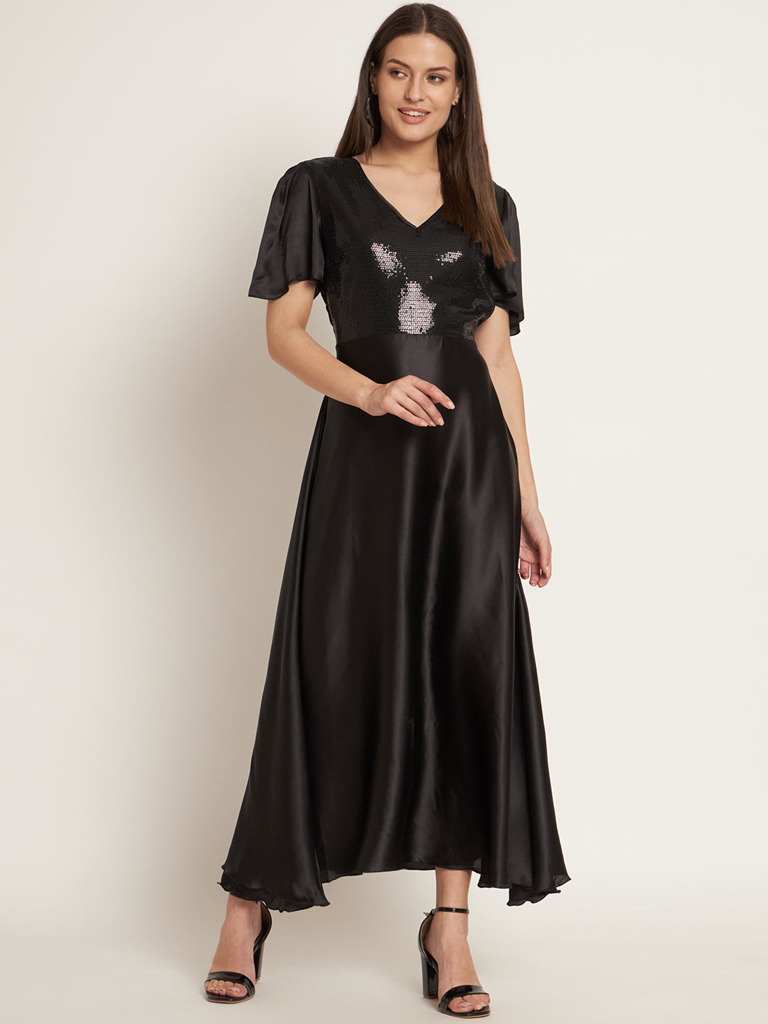 Curvydrobe Women Black Sequinned Detail Maxi Dress