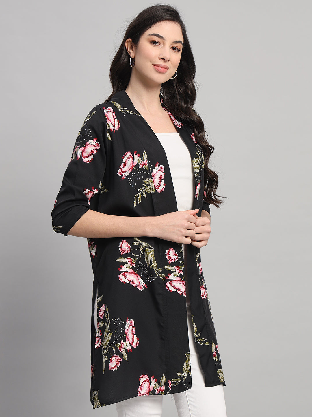 Curvydobe Womens Black Floral Print Front-Open Shrug