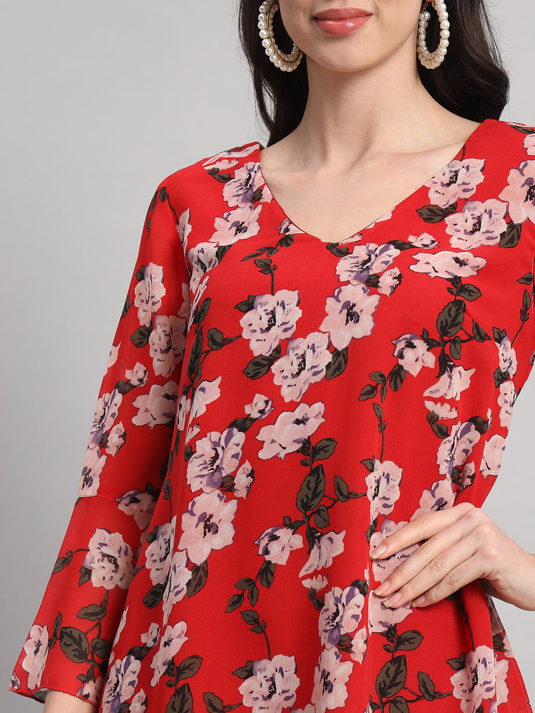 Curvydrobe Womens Red Floral Print A line Dress