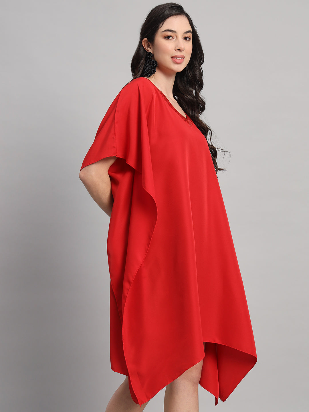 Curvydrobe Women Solid Red Seqwined V-Neck Kaftan