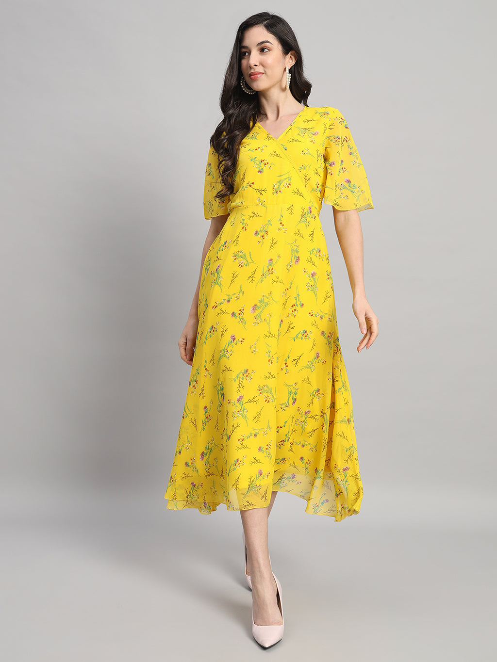Curvydrobe Womens Yellow Floral Print Fit & Flare dress