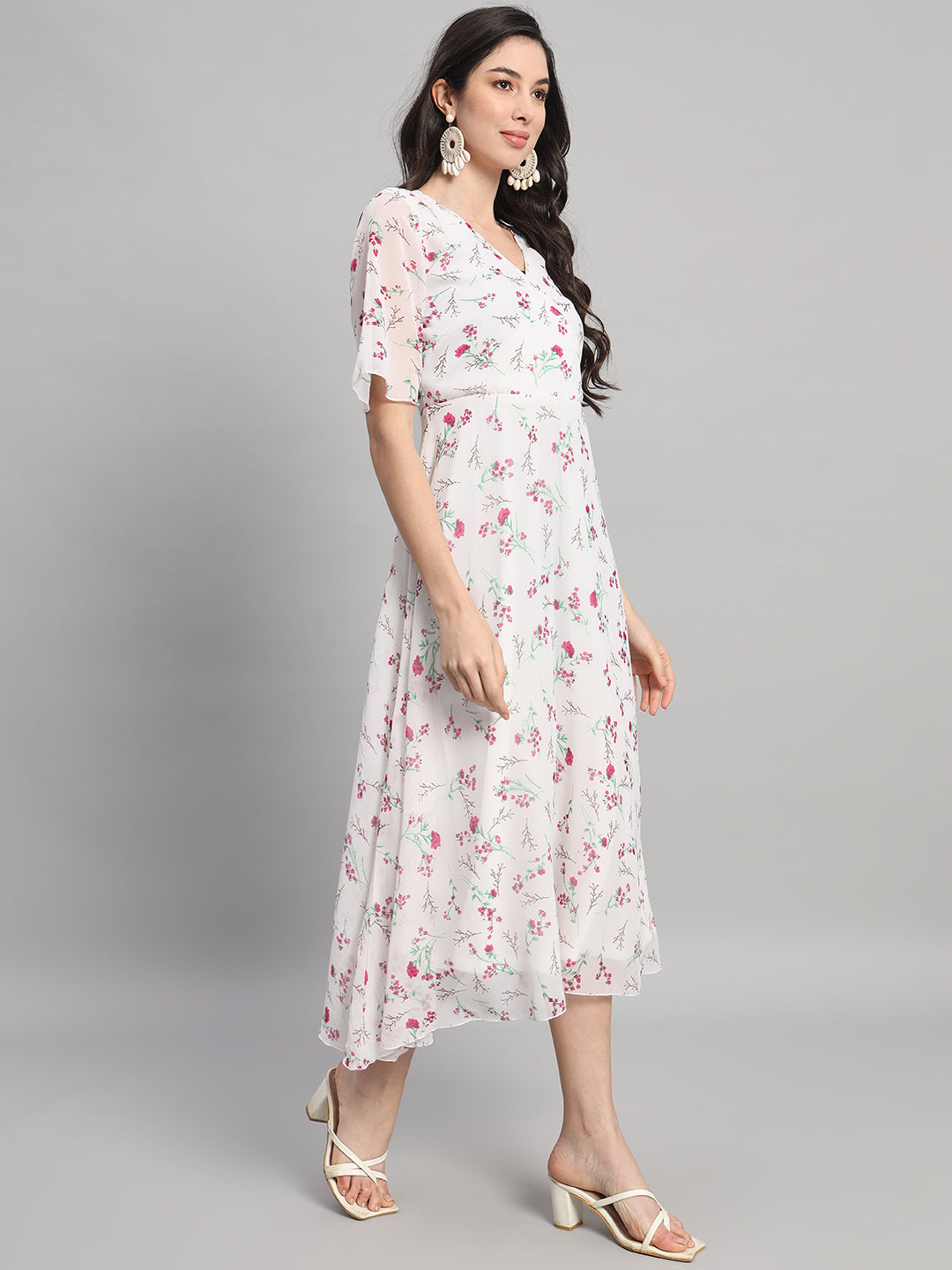 Curvydrobe Womens White Floral Print Fit & Flare dress