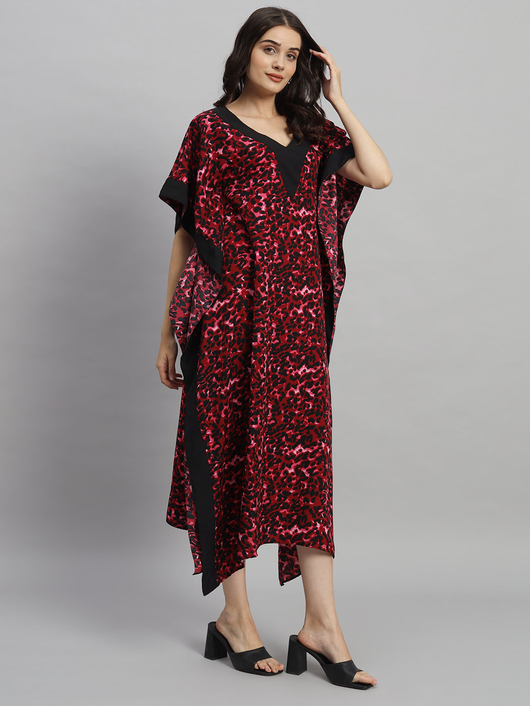 Curvydrobe Burgundy Animal Print Kaftan Dress