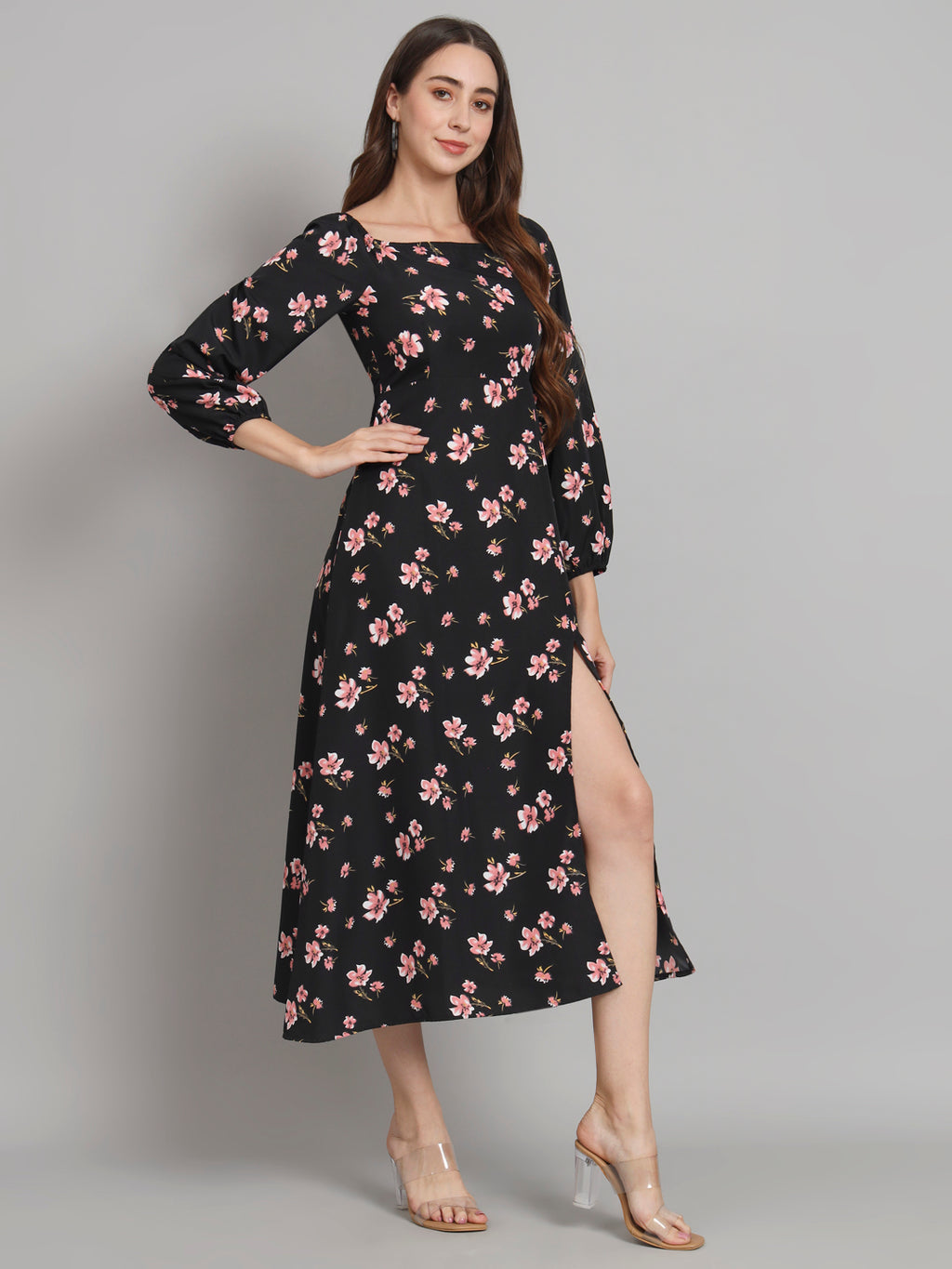 Curvydrobe Womens black floral longline with square neck and one thigh slit dress