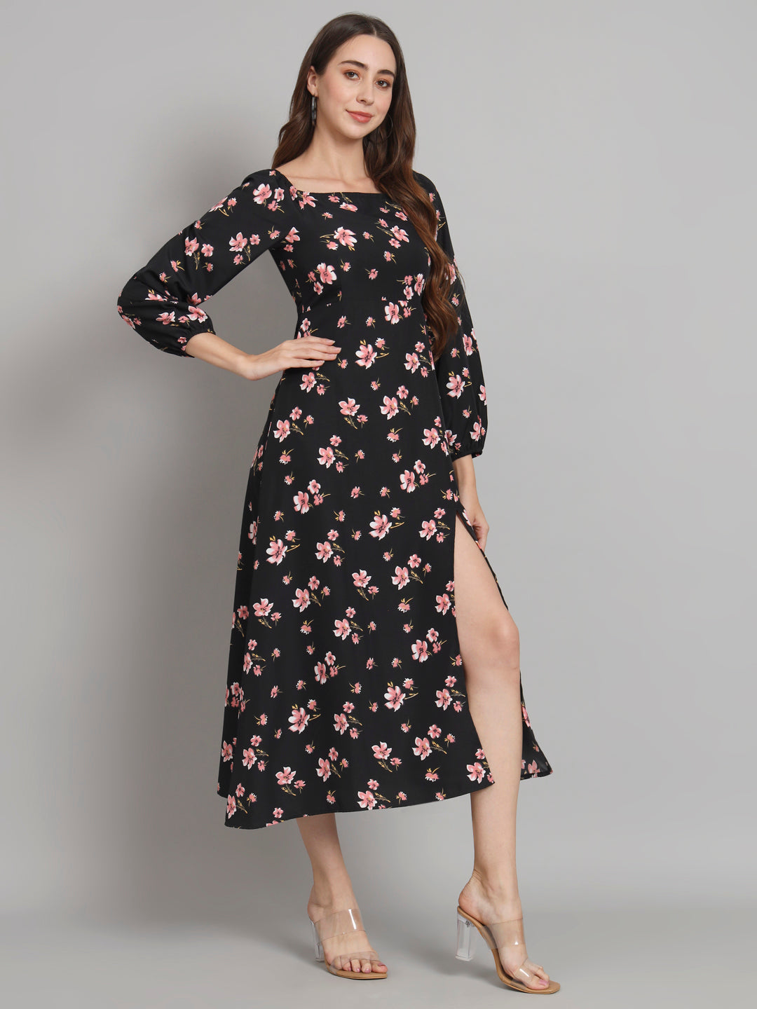 Curvydrobe Womens black floral longline with square neck and one thigh slit dress