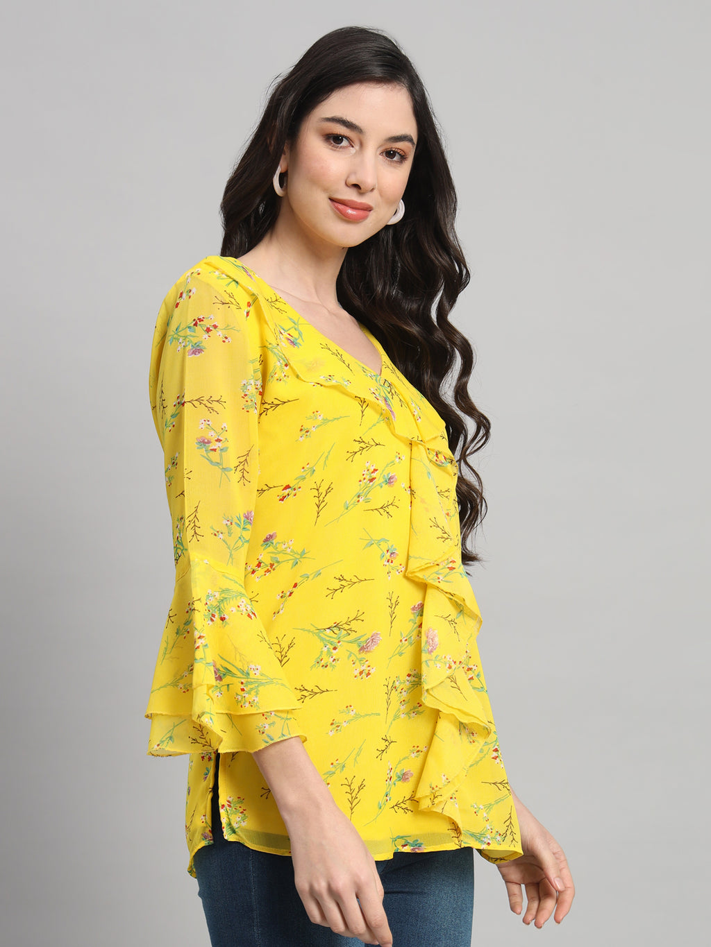 Curvydobe Womens Yellow Floral Print V-Neck Top