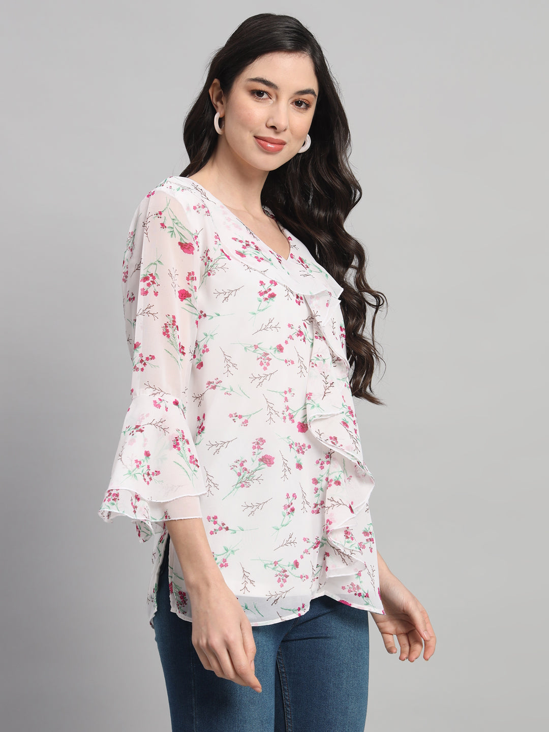 Curvydobe Womens White Floral Print V-Neck Top