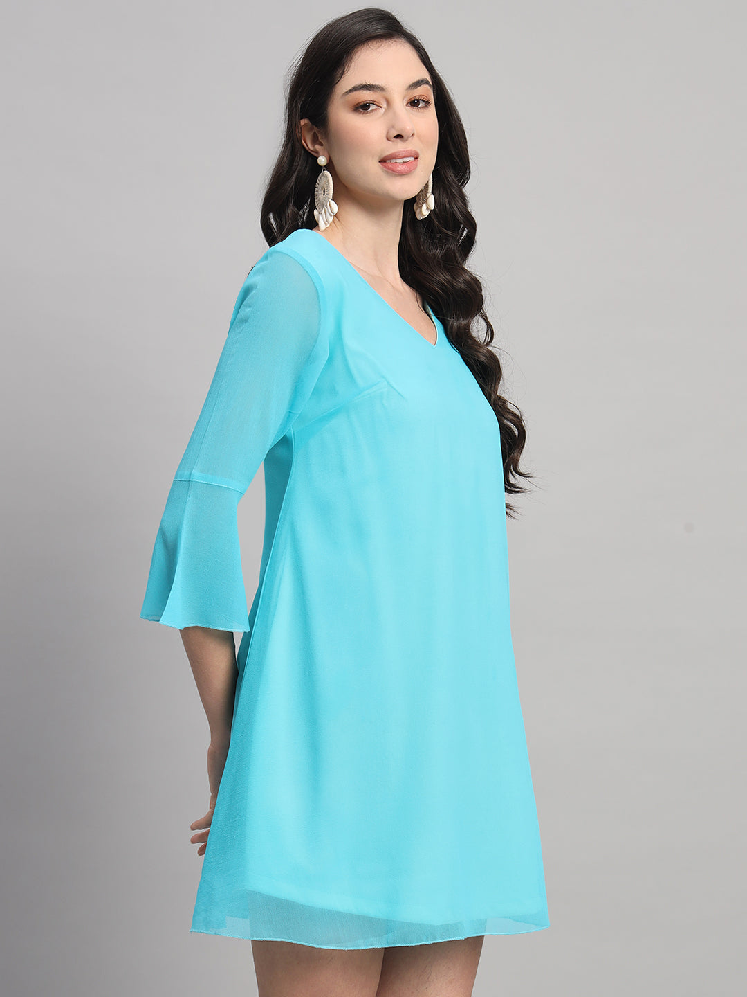 Curvydrobe Womens V Neck Turquoise blue A line Dress