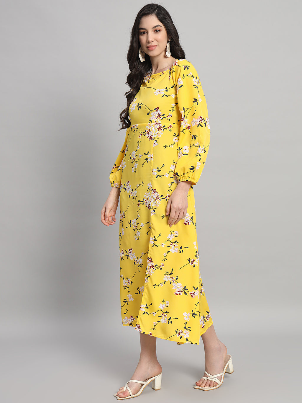 Curvydrobe Womens Yellow floral Fit & Flare Dress