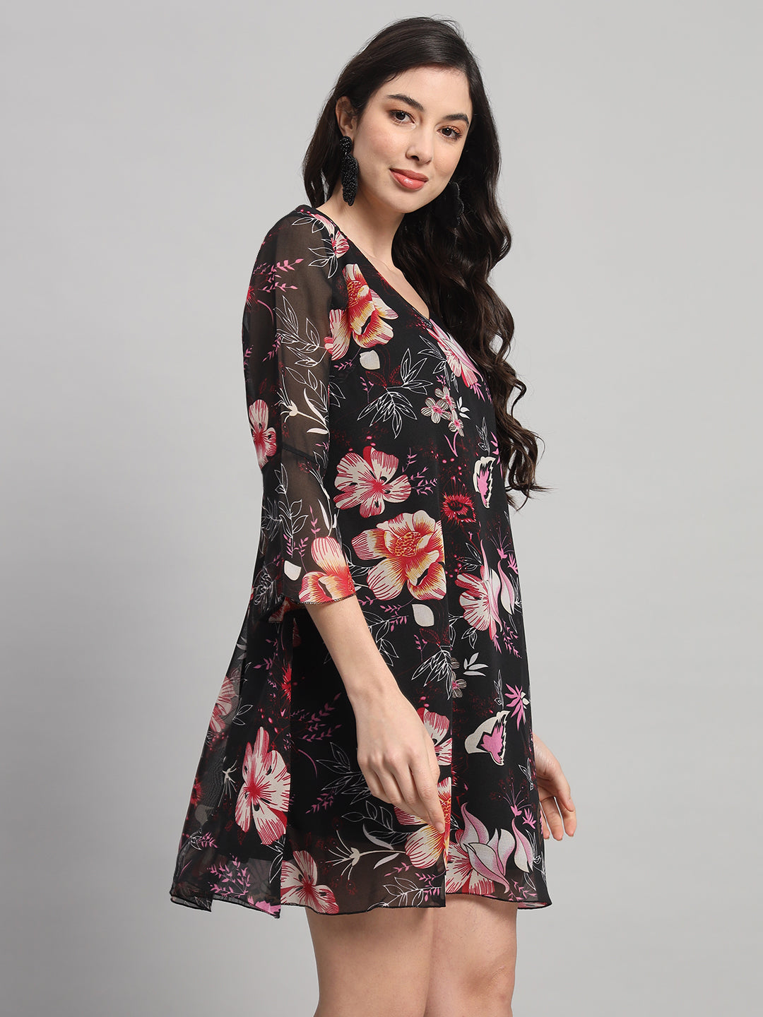 Curvydrobe Womens Black Floral Print A line Dress