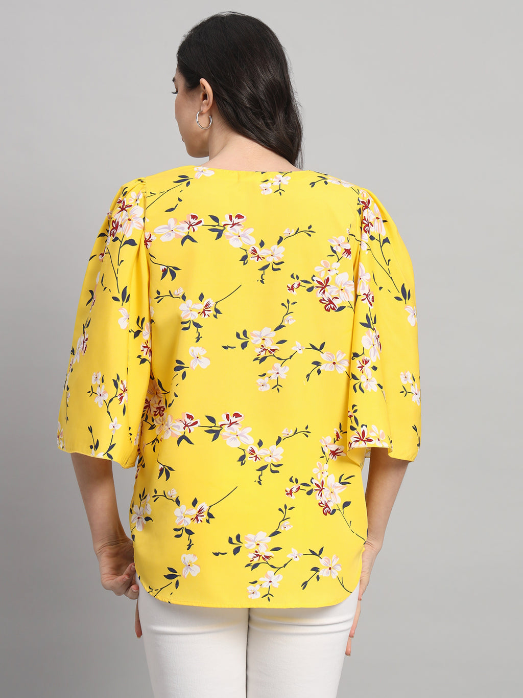 Curvydobe Womens Yellow Floral Print V-Neck Top