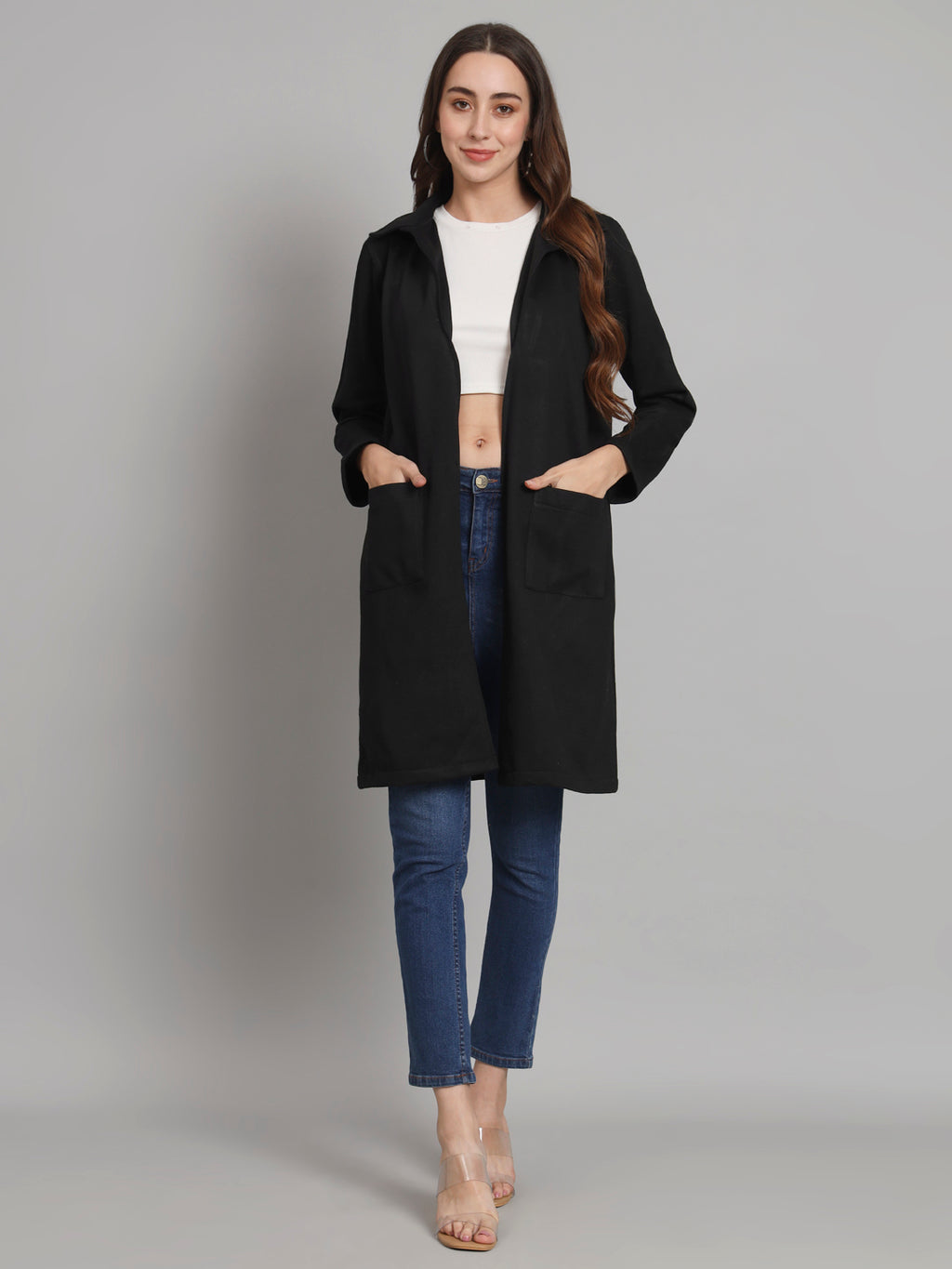 Curvydobe Black solid open front jacket