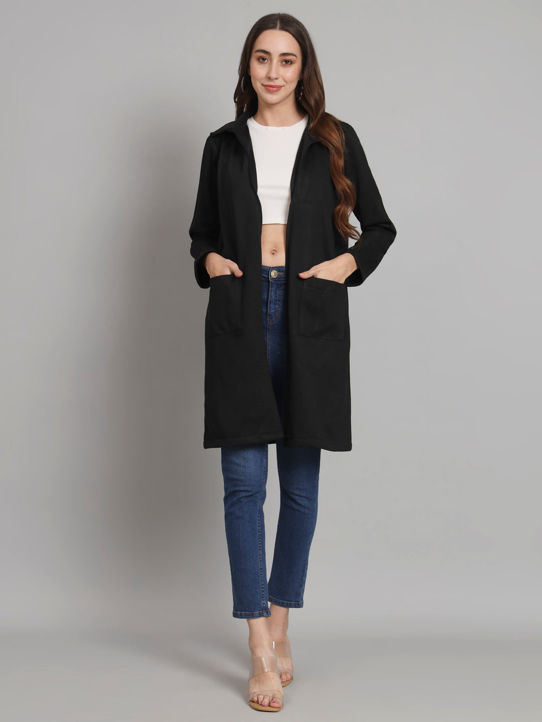 Curvydobe Black solid open front jacket