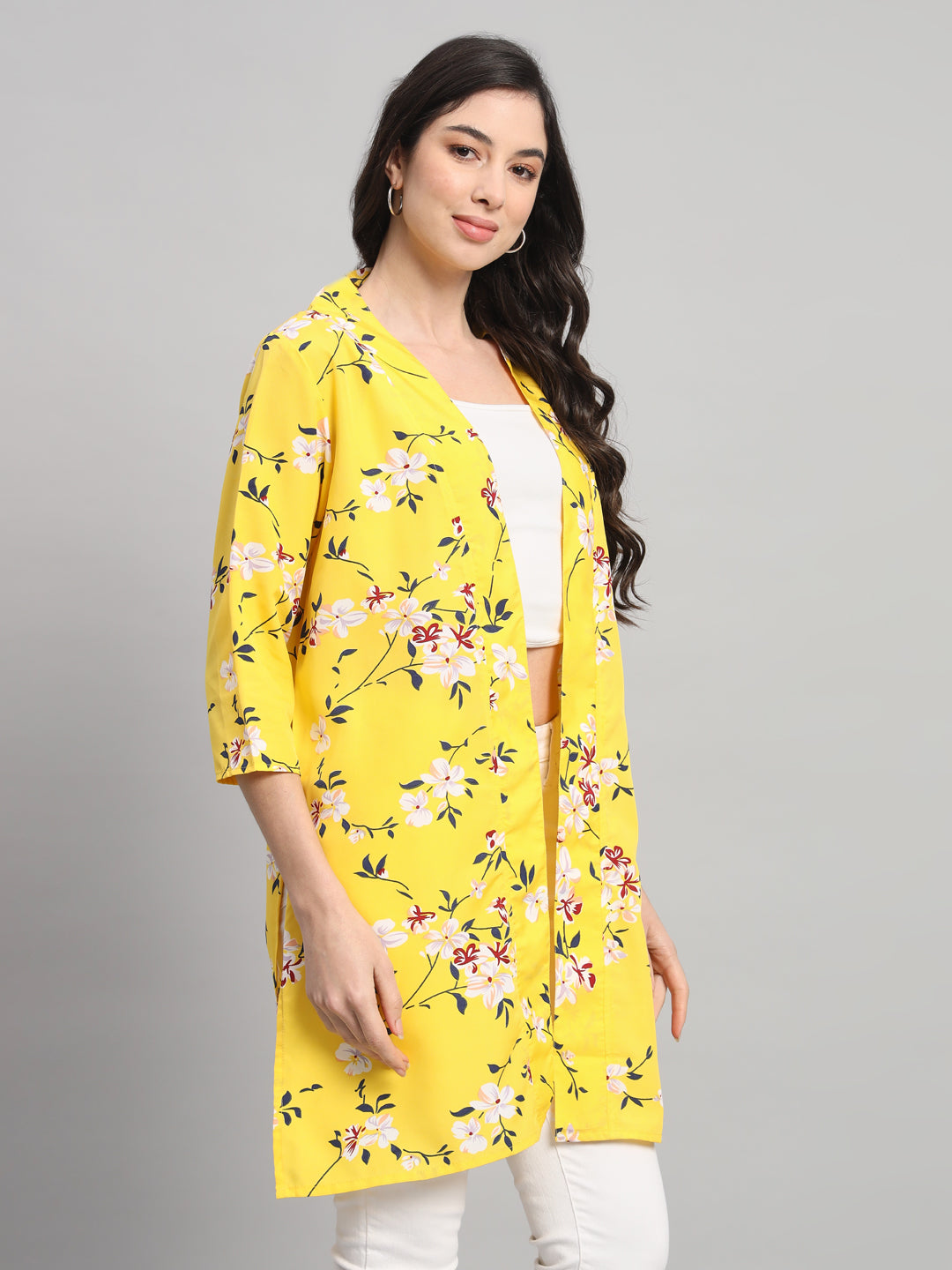 Curvydobe Womens Yellow Floral Print Front-Open Shrug