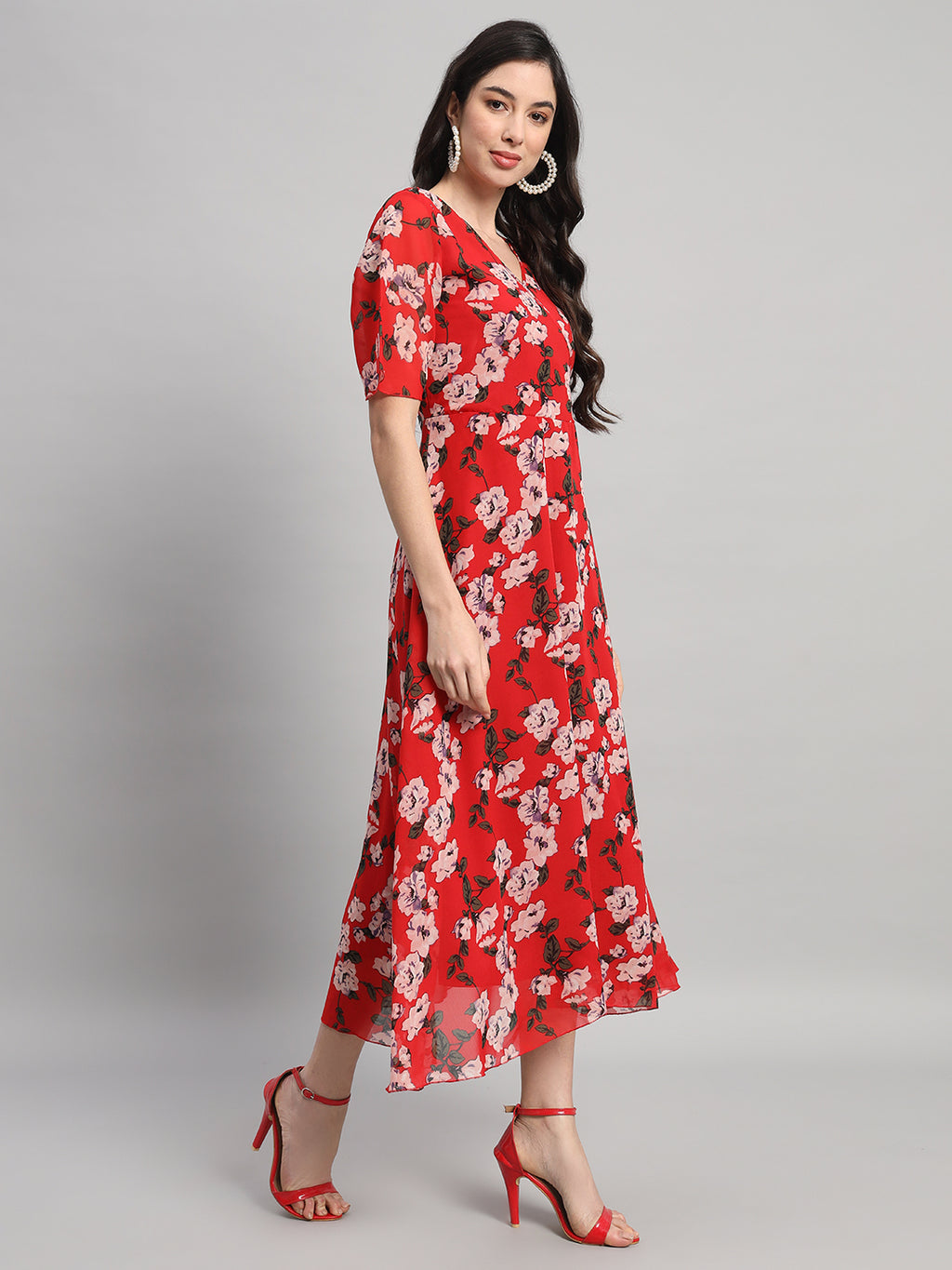 Curvydrobe Womens Red Floral Print Fit & Flare Dress