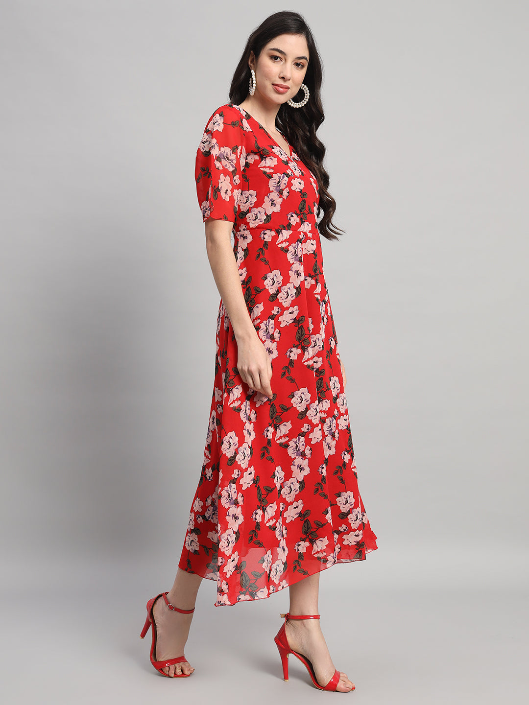 Curvydrobe Womens Red Floral Print Fit & Flare Dress