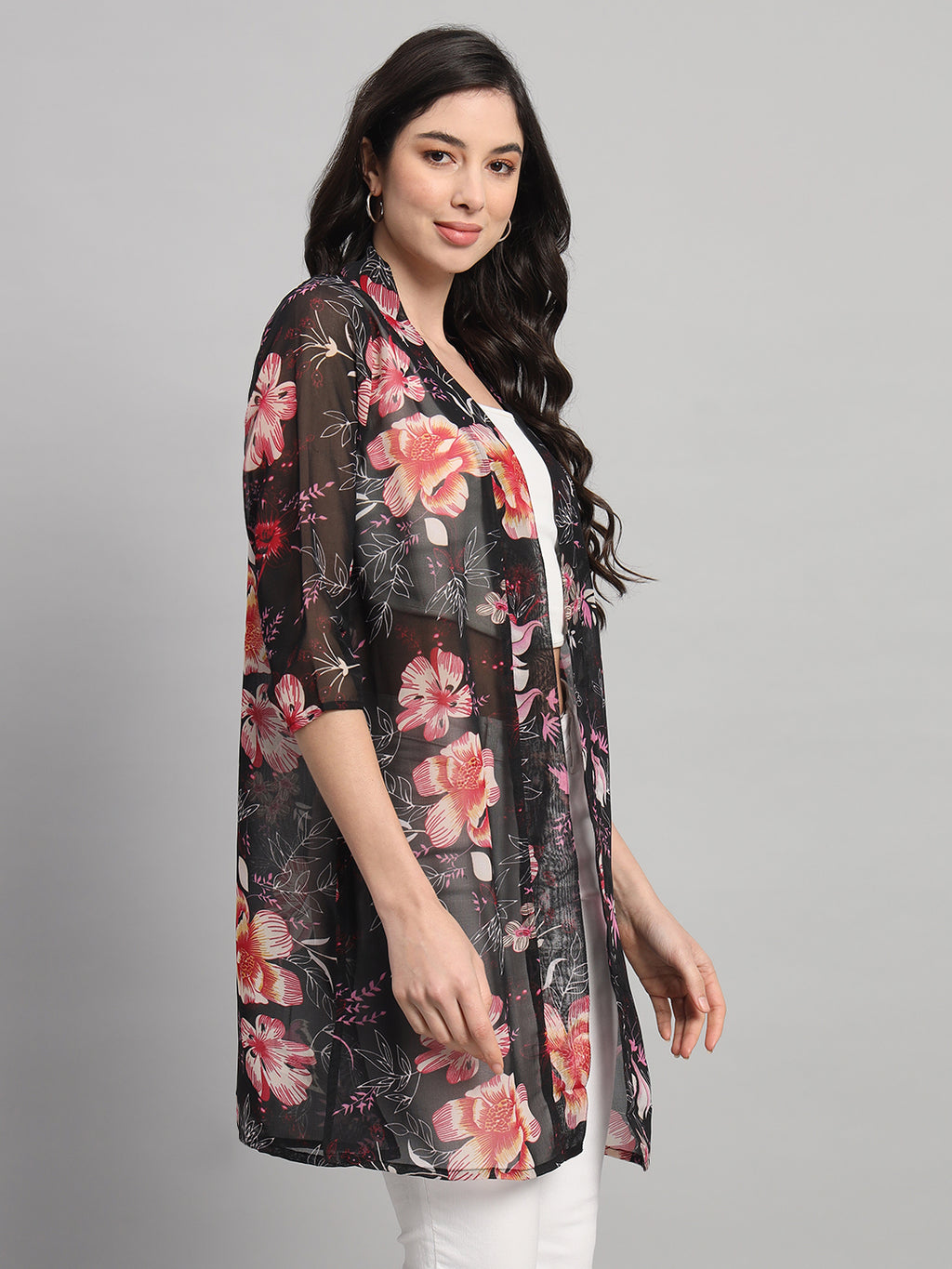 Curvydobe Black Floral Print Front-Open Shrug