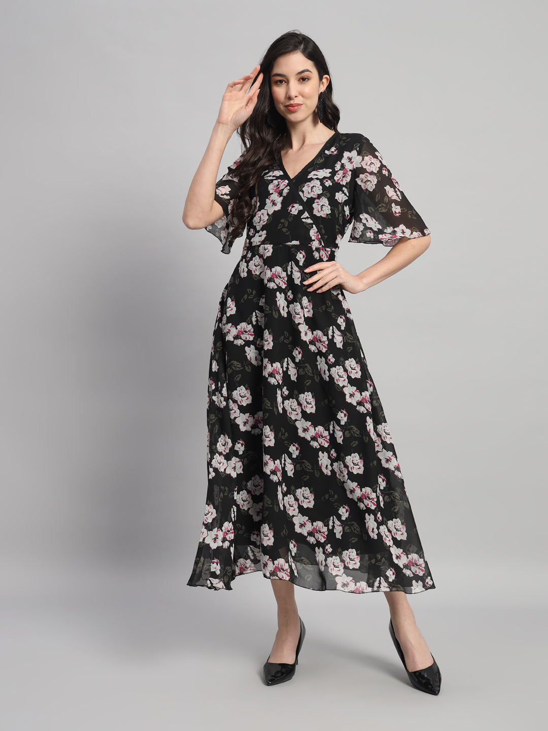 Curvydrobe Womens Black Floral Print Fit & Flare Dress