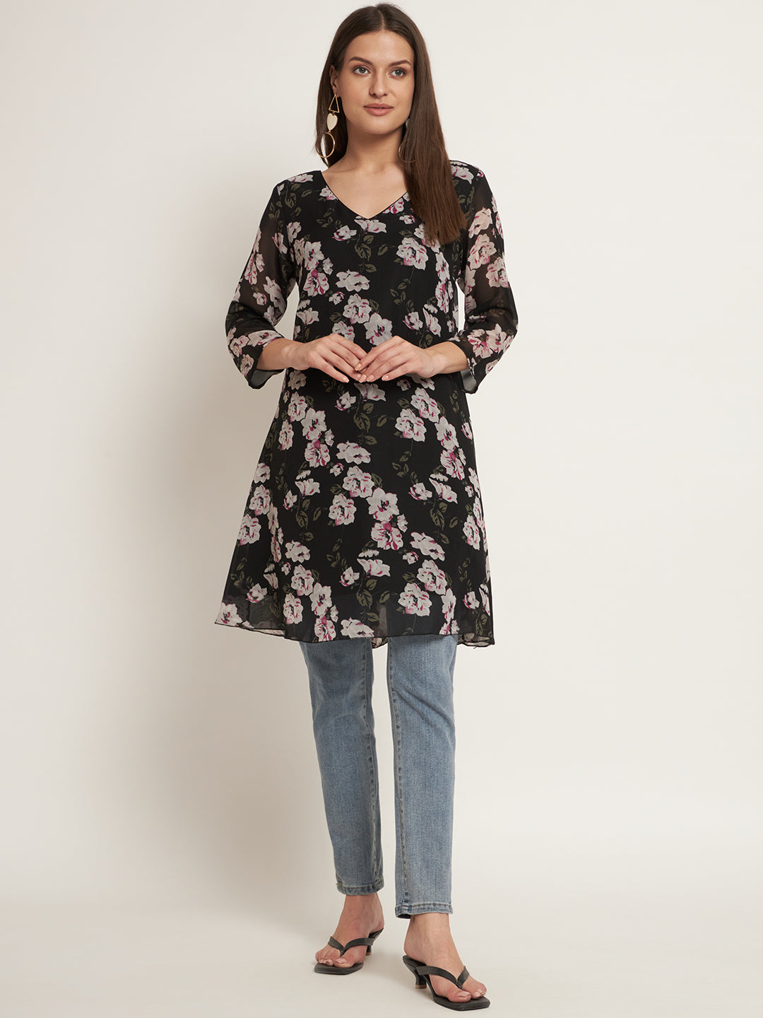 Curvydrobe Black floral print v neck dress with 3/4 sleeve