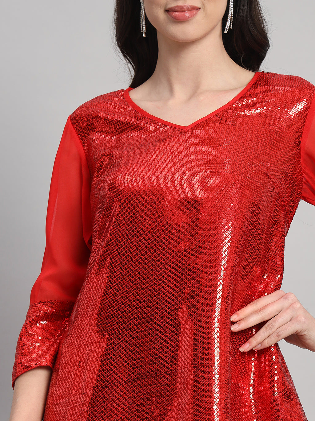 Curvydrobe Womens Red Solid Seqwined A-Line Dress