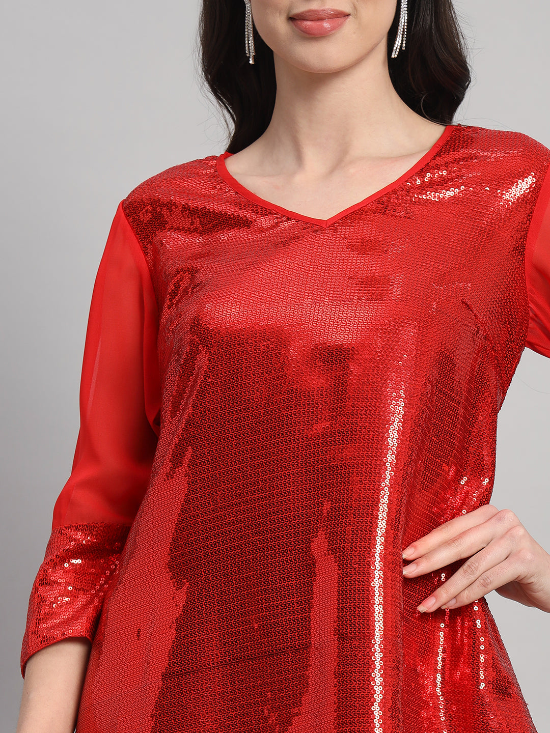 Curvydrobe Womens Red Solid Seqwined A-Line Dress