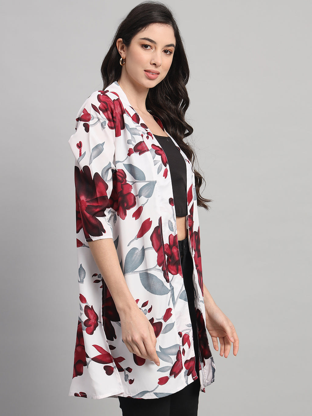 Curvydobe Womens White Floral Print Front-Open Shrug