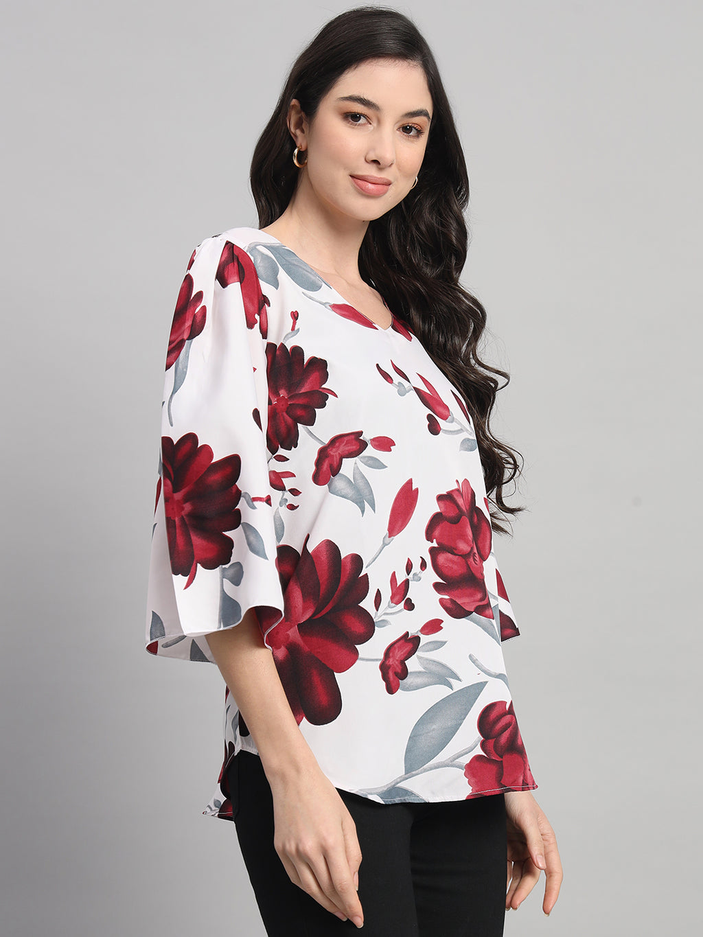 Curvydobe White Floral Print V-Neck Top