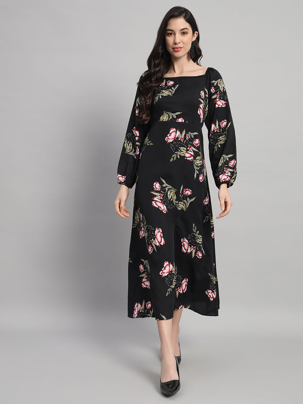 Curvydrobe Womens black floral Fit & Flare Dress