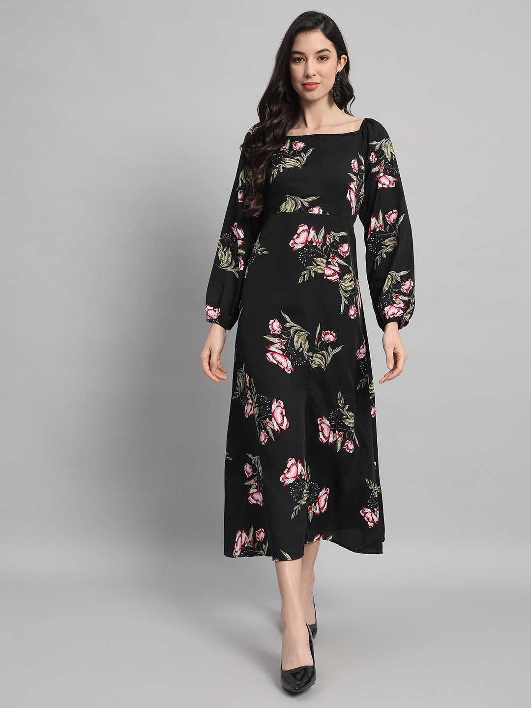 Curvydrobe Womens black floral Fit & Flare Dress