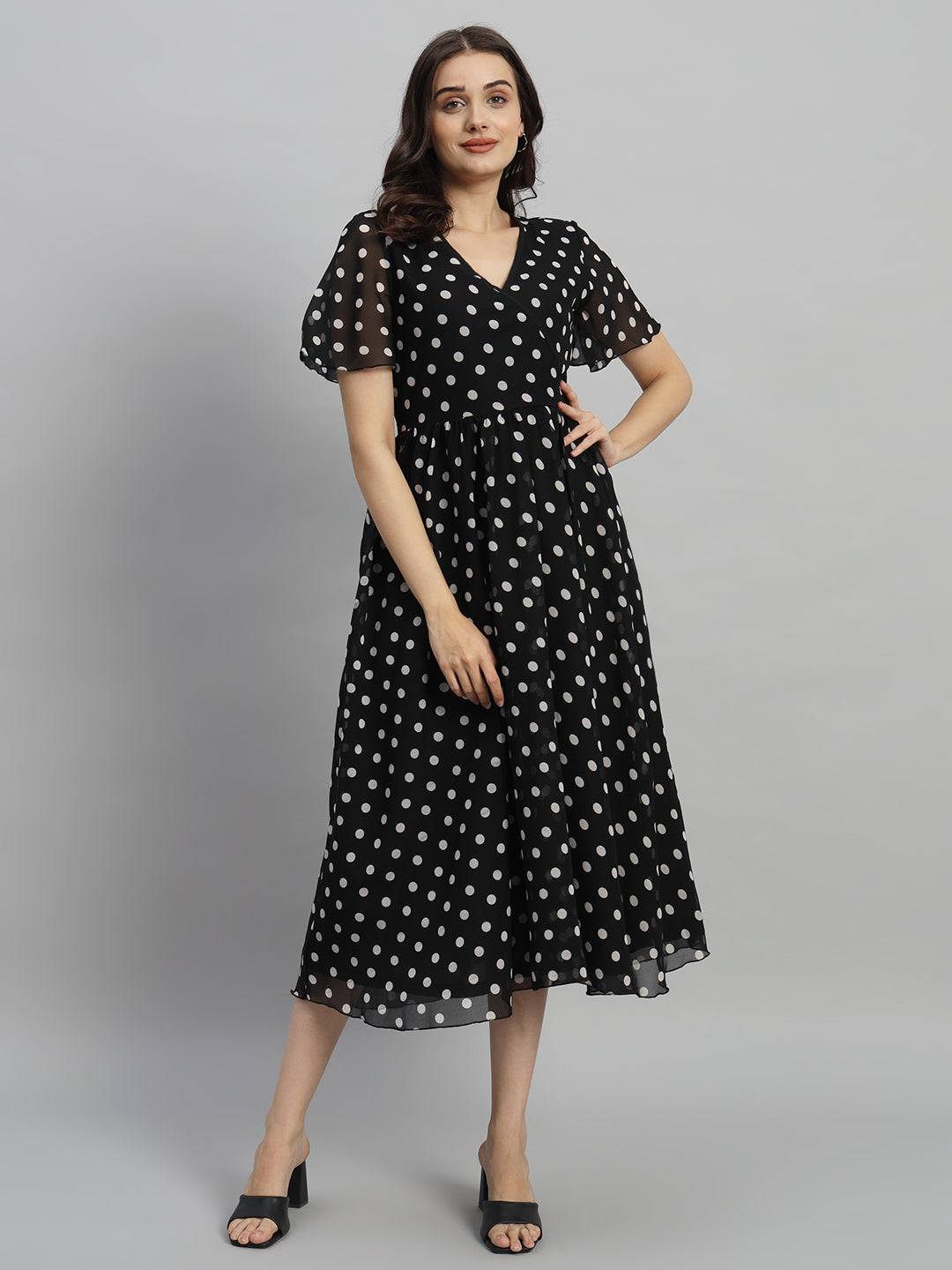 Curvydrobe Women Black Polka Dot Print A-Line Dress