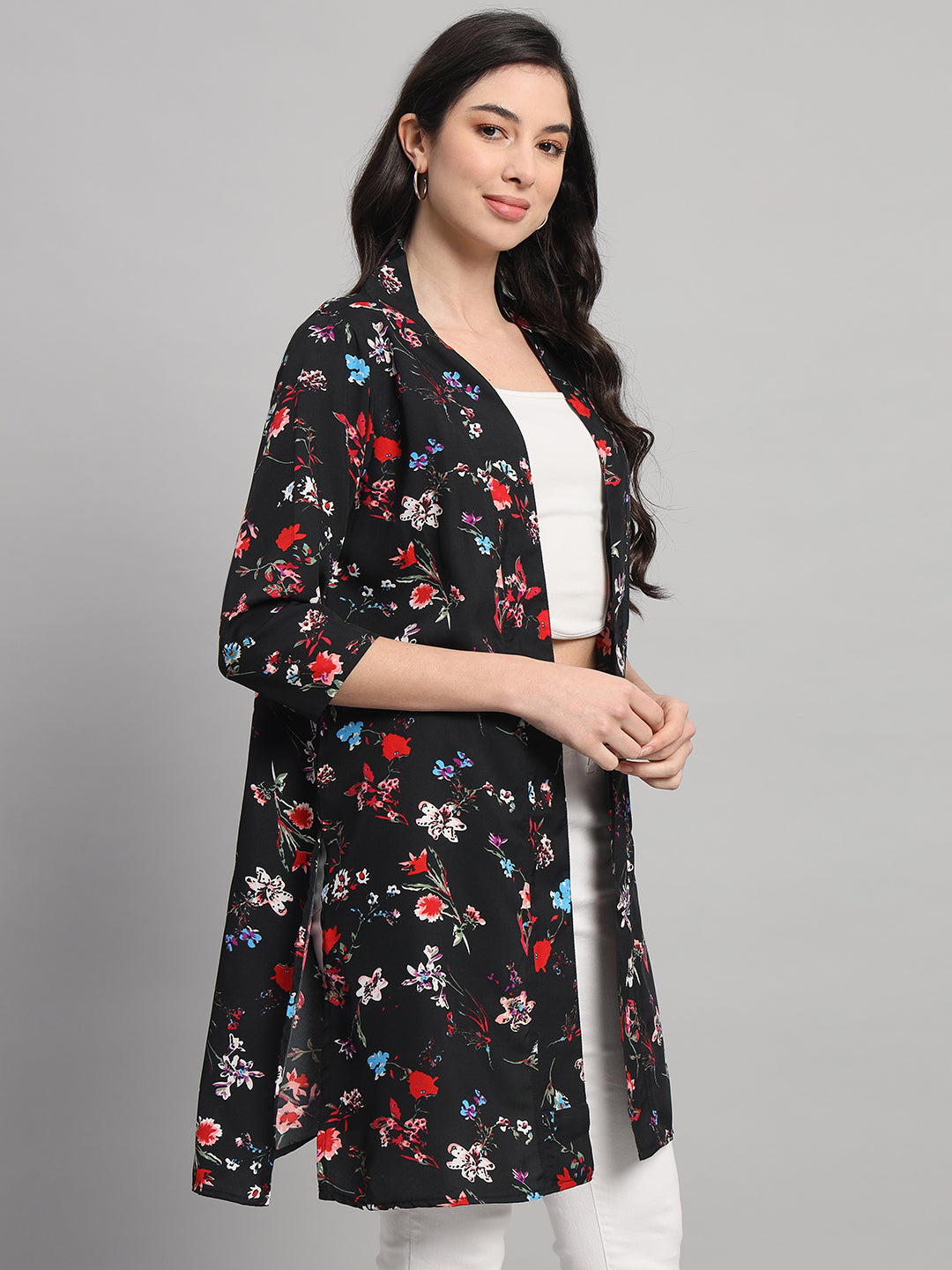 Curvydobe Womens Black Floral Printed Front-Open Shrug