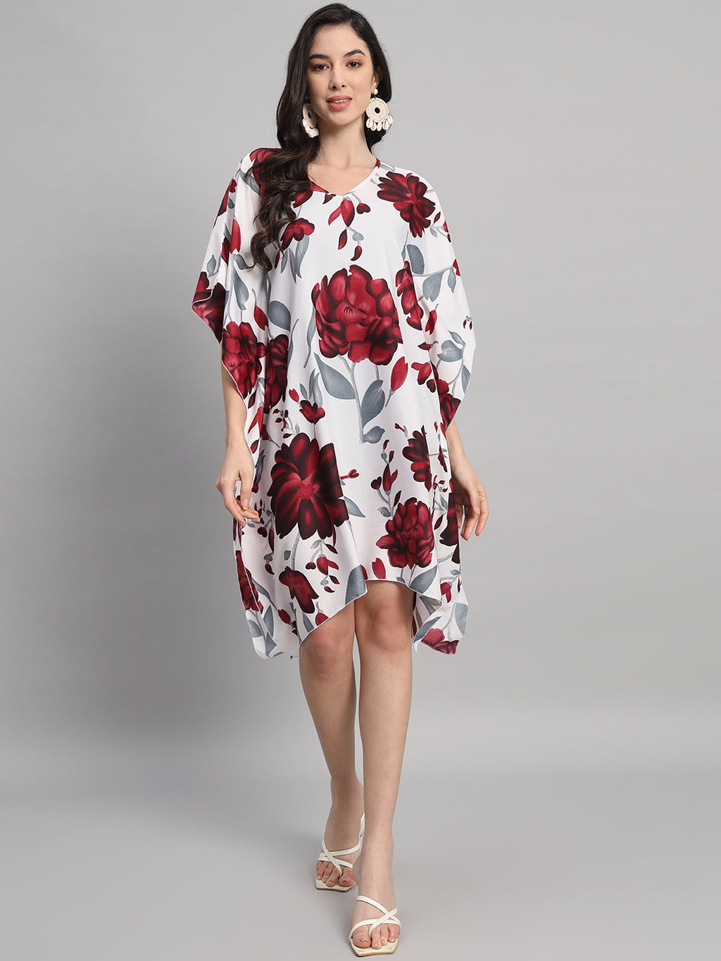 Curvydrobe Womens White Floral Print Kaftan V Neck