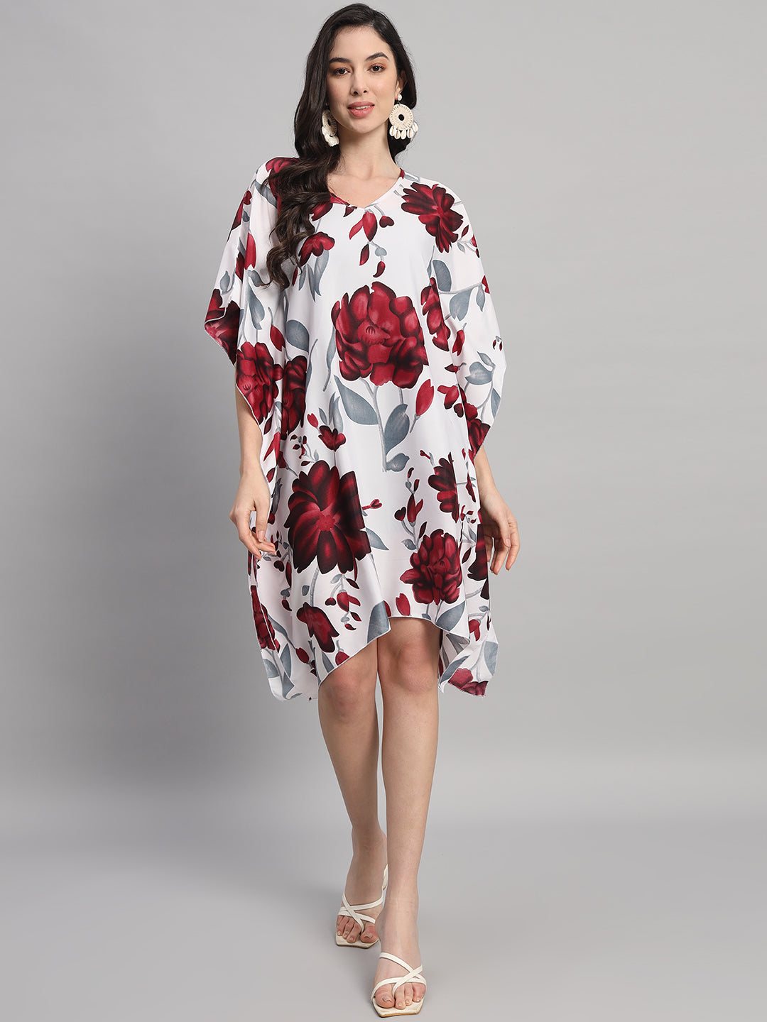 Curvydrobe Womens White Floral Print Kaftan V Neck