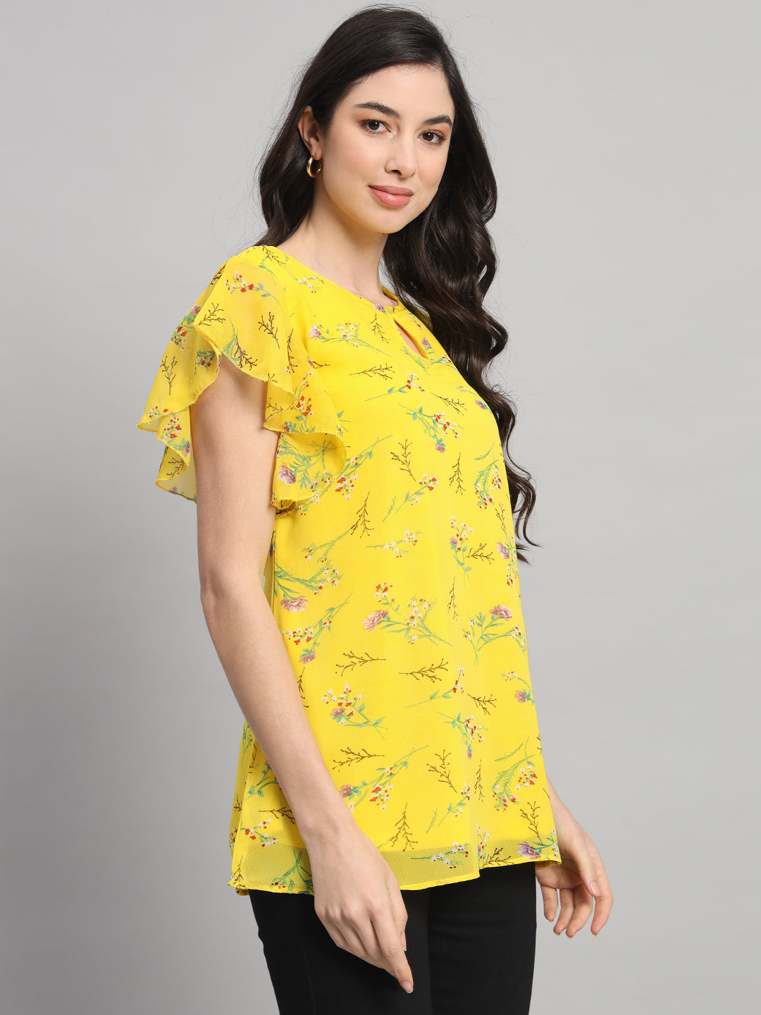 Curvydobe Yellow Floral Print V-Neck Top