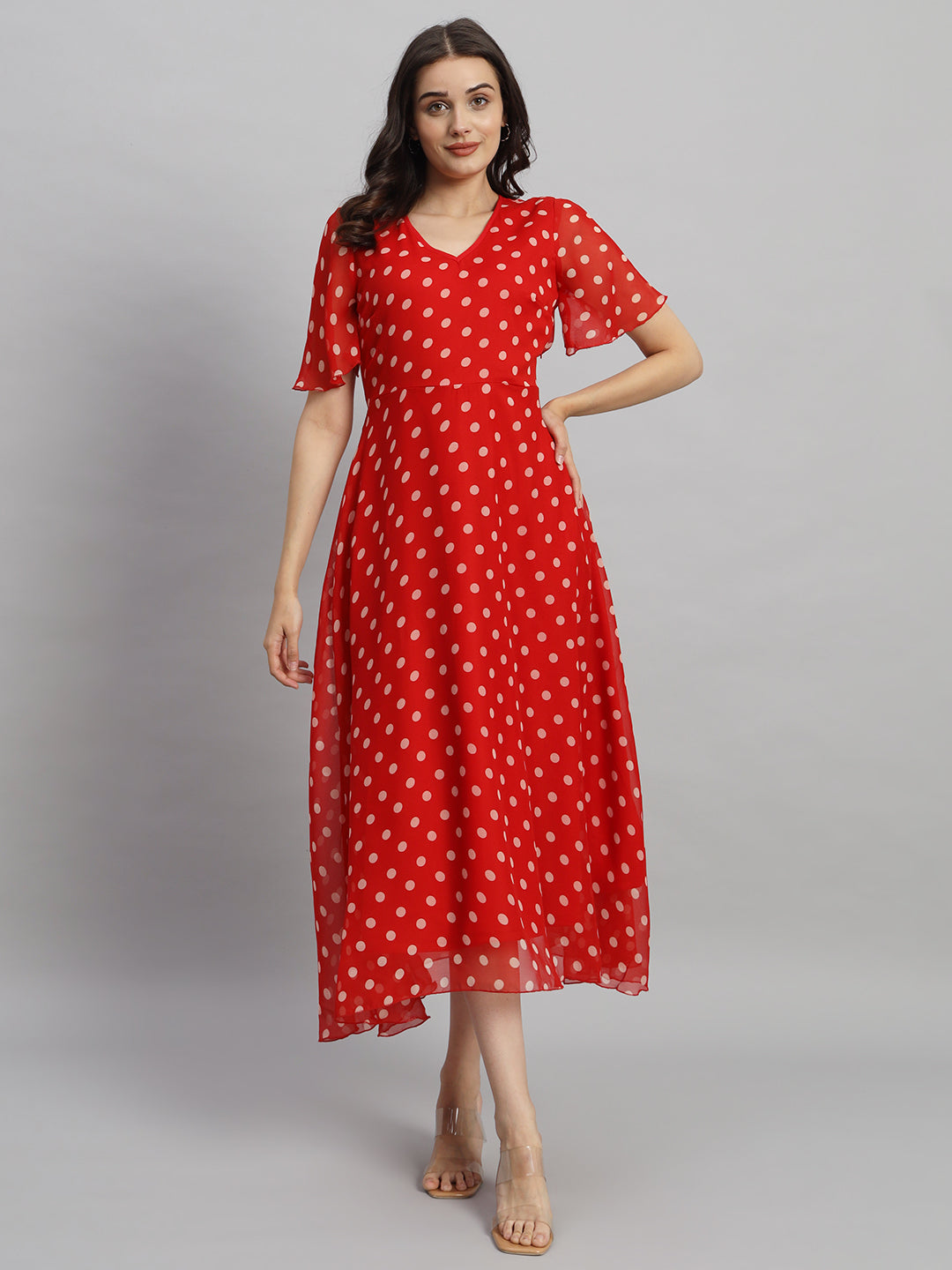 Red & White Polka Dot Printed Maxi A-Line Dress
