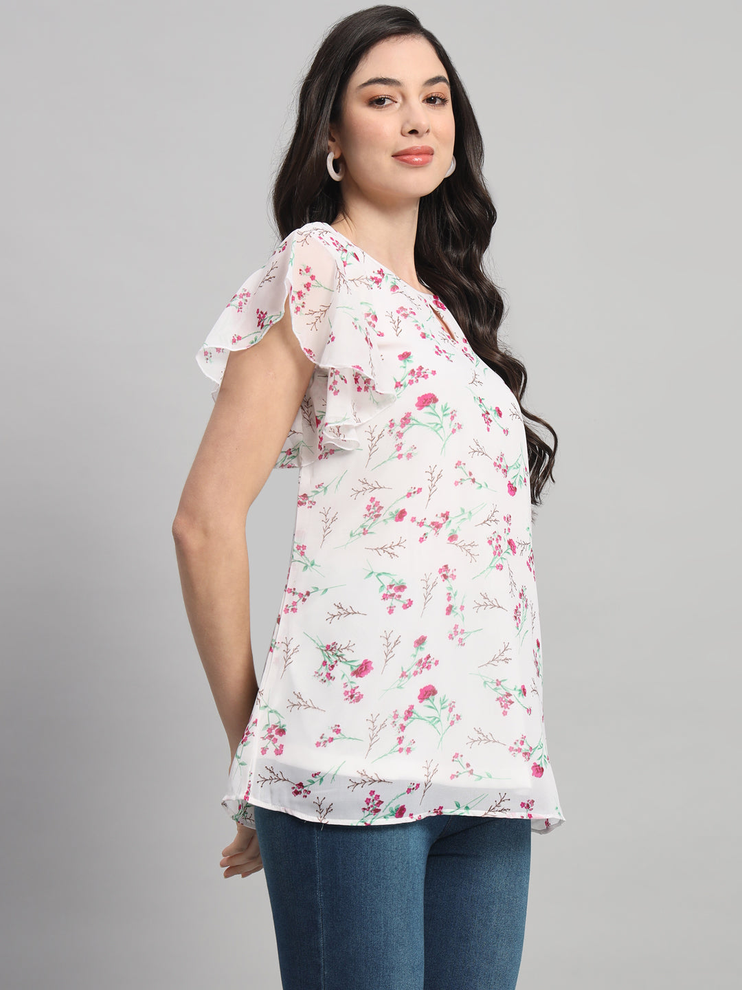 Curvydobe White Floral Print V-Neck Top