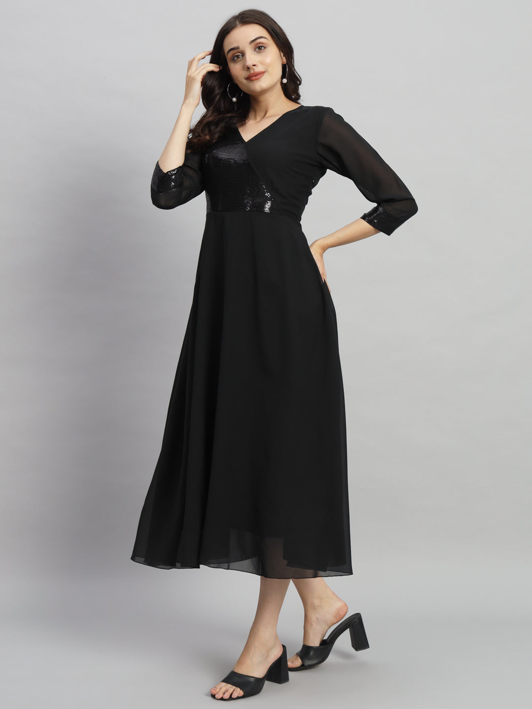 Curvydrobe Women Solid Black Siqwined Fit & Flare Dress