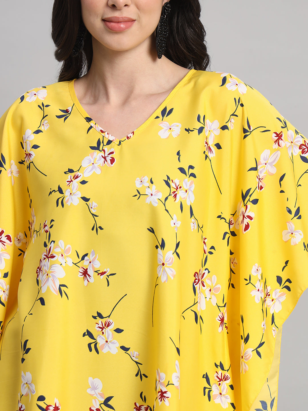 Curvydrobe Womens Yellow Floral Print Kaftan V Neck