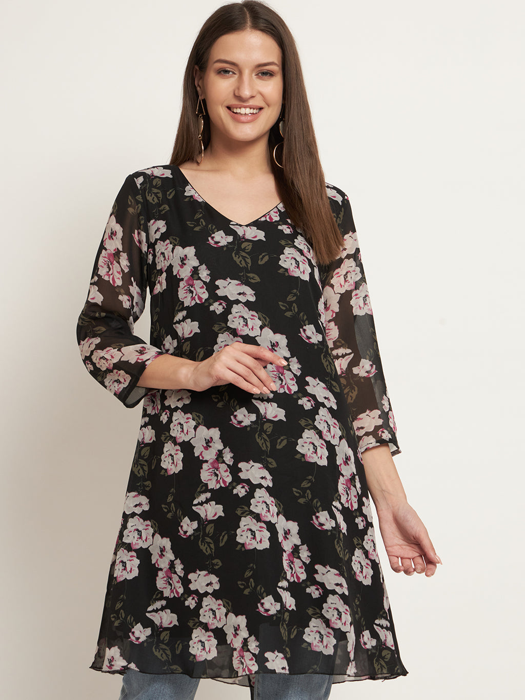Curvydrobe Black floral print v neck dress with 3/4 sleeve