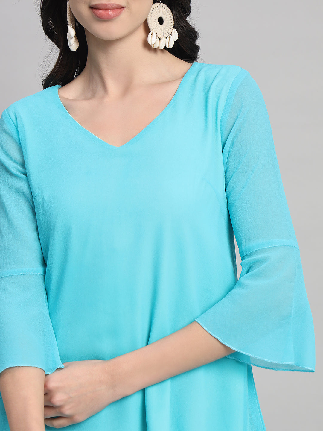 Curvydrobe Womens V Neck Turquoise blue A line Dress