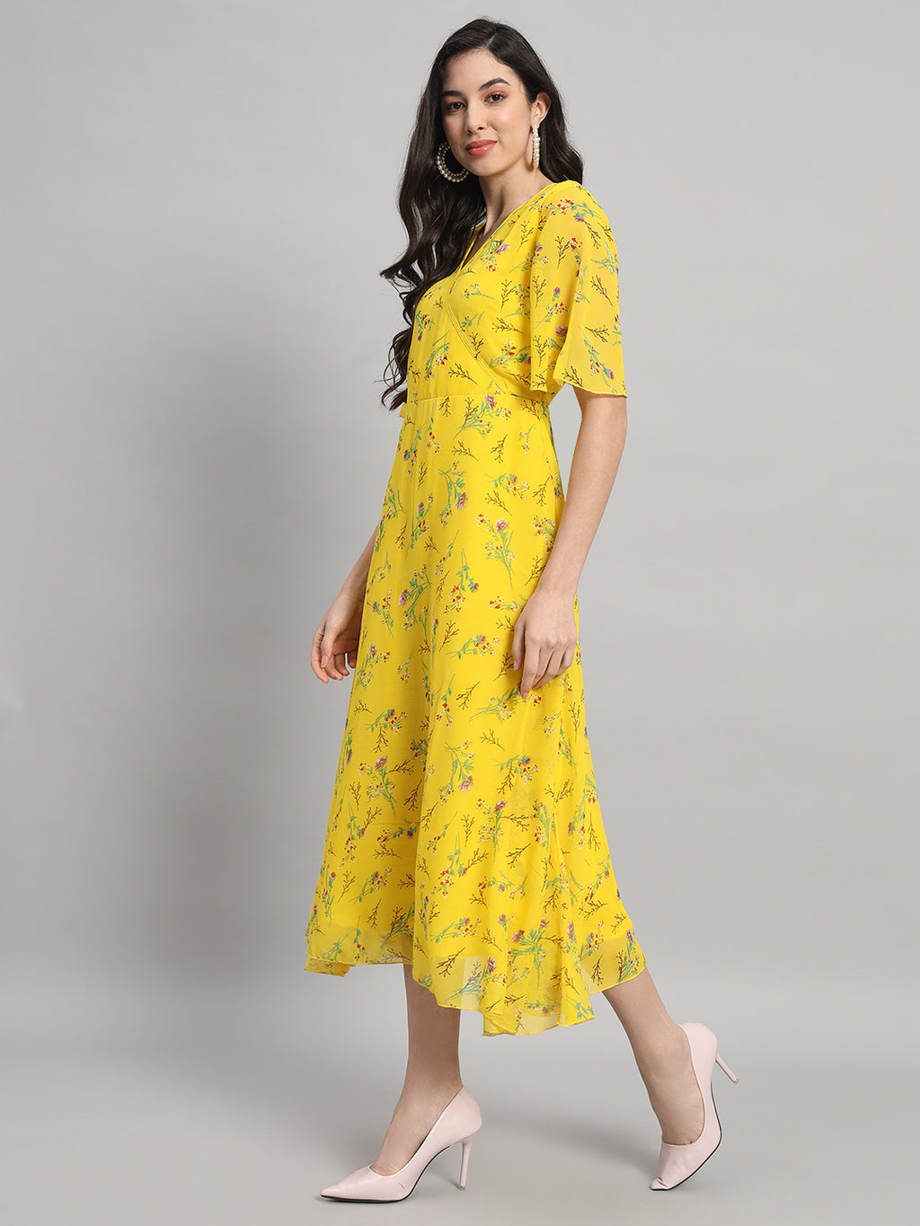 Curvydrobe Womens Yellow Floral Print Fit & Flare dress
