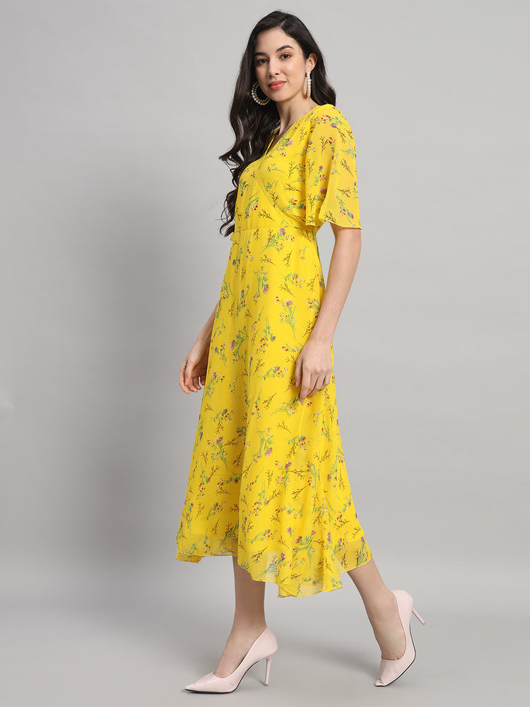 Curvydrobe Womens Yellow Floral Print Fit & Flare dress