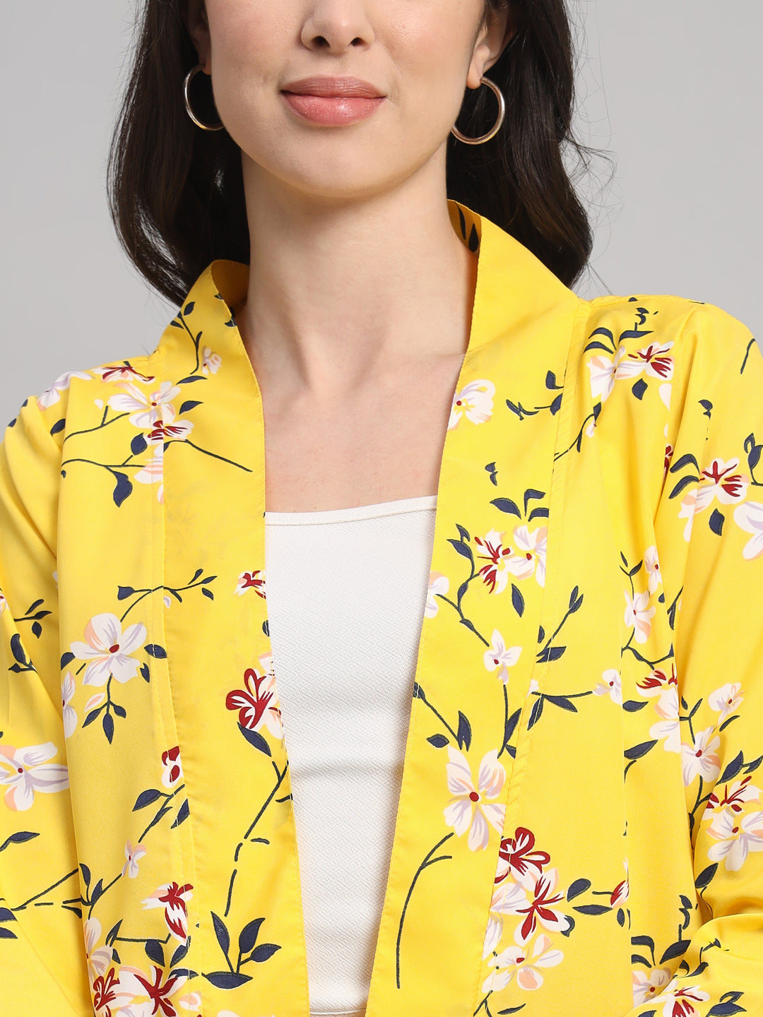 Curvydobe Womens Yellow Floral Print Front-Open Shrug