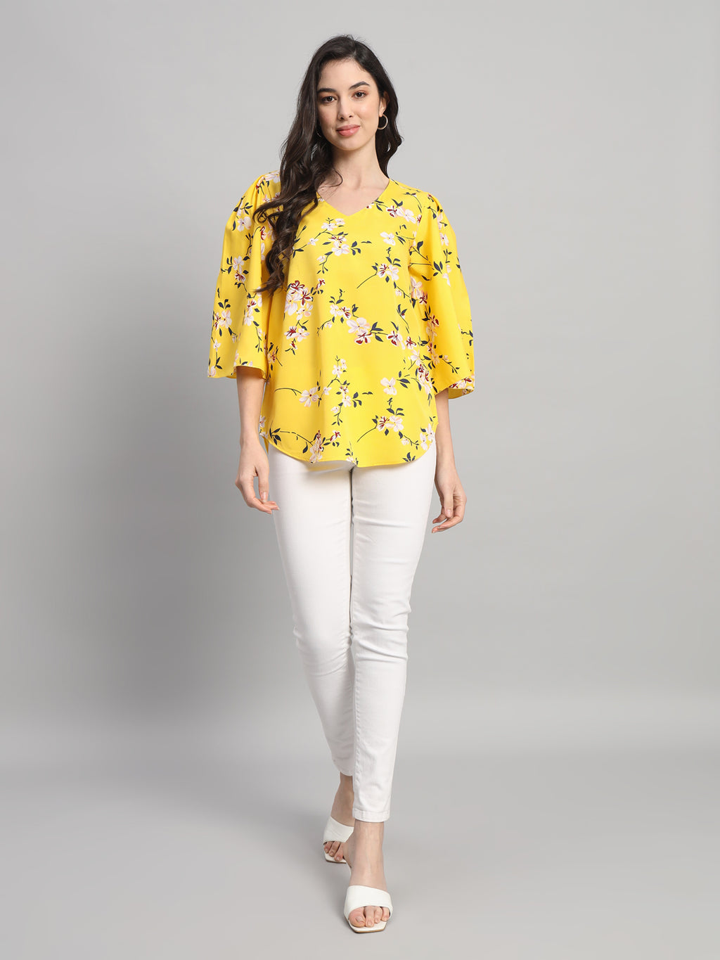 Curvydobe Womens Yellow Floral Print V-Neck Top